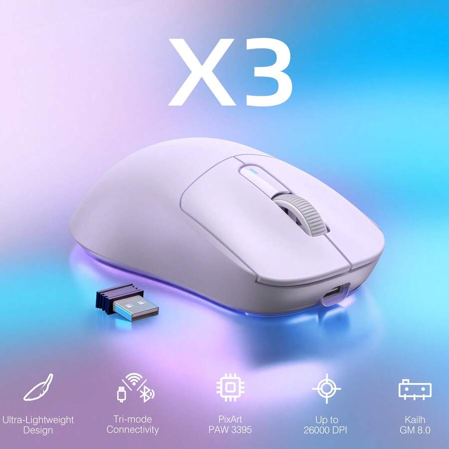 ATTACK SHARK X3 Wireless Gaming Mouse, 49g Ergonomic Design, 3-In-1 Connection, PAW3395 26000 DPI Optical Sensor, 200h Battery Life, Programmable Buttons, PC/Notebook Accessory - Purple - View 1