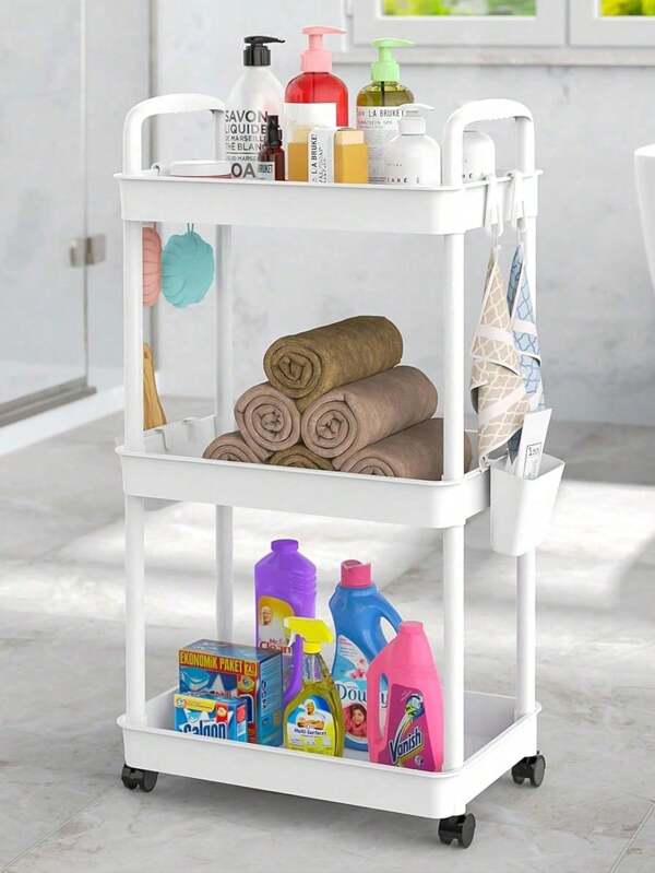 Versatile White Plastic Storage Rack - Multi-Tier Rolling Trolley ForKitchen, Bathroom & Bedroom Organization