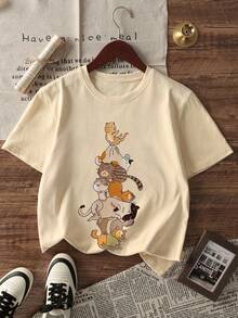 Hombres Camiseta de hombros caídos con estampado de dibujos animados - Albaricoque - Ver 1