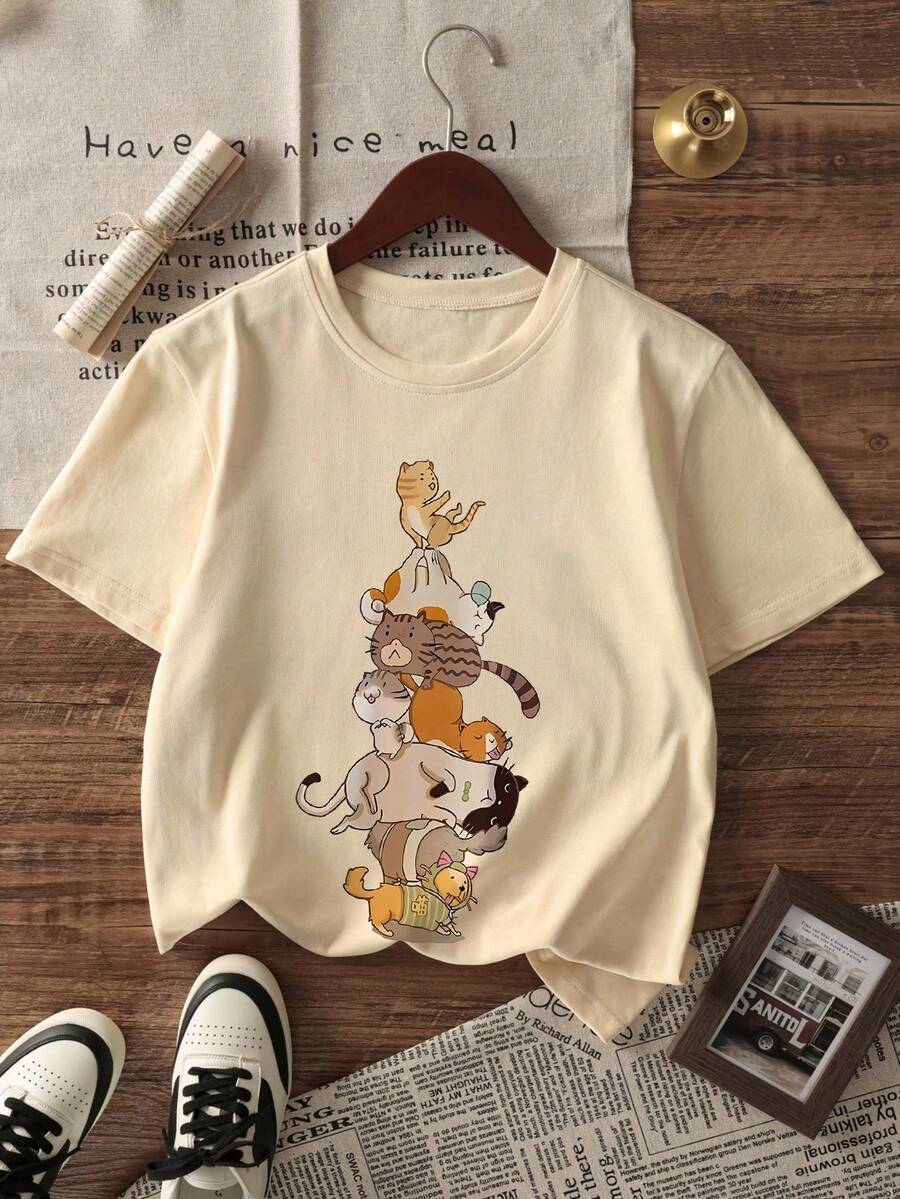 Hombres Camiseta de hombros caídos con estampado de dibujos animados - Albaricoque - Ver 1