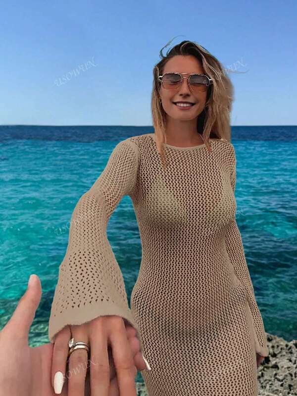 Abito lungo ampio donna primavera/estate, colore tinta unita, sexy casual da festa e spiaggia, con manica lunga trasparente e design traforato