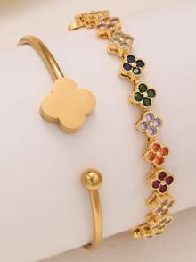 优雅时尚的四叶草彩色方晶锆石不锈钢女士手链套装，适合日常、晚会、情侣约会、送礼 - 金黃色 - 查看 7