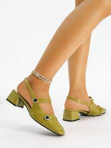 Women's Fashion Square Toe Chunky High Heel Rhinestone Buckle Slingback Pumps - Green - View 6