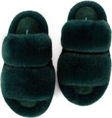 Women's Fluffy Faux Fur Slippers Comfy Open Toe Two Band Slides With Fleece Lining And Rubber Sole - màu xanh lá - Xem 1