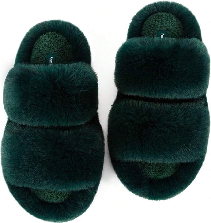 Women's Fluffy Faux Fur Slippers Comfy Open Toe Two Band Slides With Fleece Lining And Rubber Sole - màu xanh lá - Xem 1