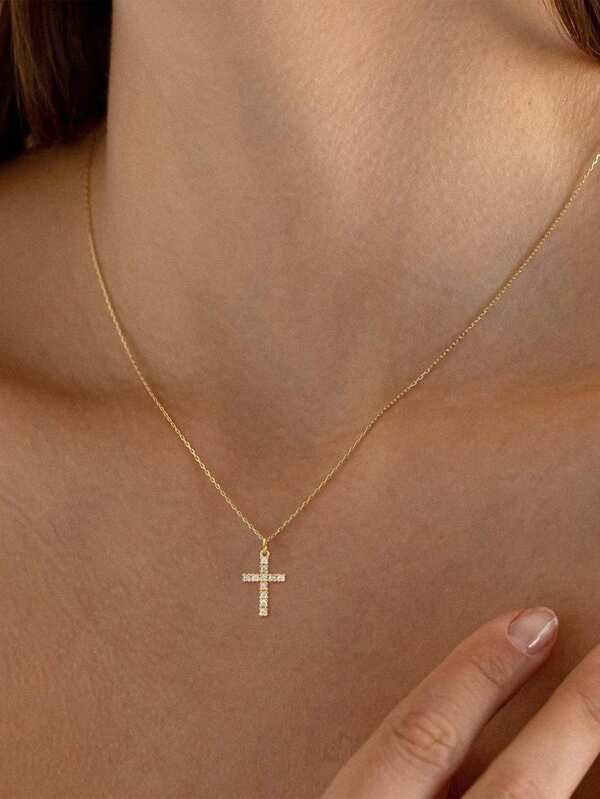 1 Pc Golden Cross Clavicle Chain Light Luxury Crystal Necklace Charm Jewelry Accessories For Women Gift