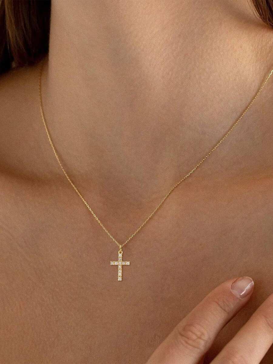 1 Pc Golden Cross Clavicle Chain Light Luxury Crystal Necklace Charm Jewelry Accessories For Women Gift