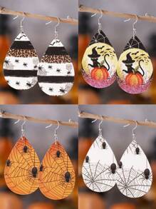 1 对哥特式蜘蛛网和豹纹泪珠吊坠耳环，万圣节 PU 双面派对耳环，万圣节耳环礼物