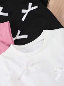 3pcs/Set Girls Casual Bow Decor Short Sleeve T-Shirts With Ruffle Lace Hem, Round Neck Tops For Baby Girl Summer Outfit - Multicolor - View 5