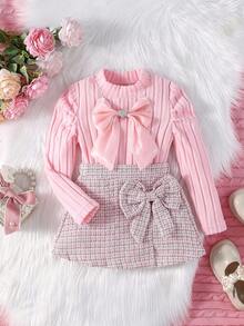 2pcs Set Jumper Sweater & Skirt, 3D Bowknot & Grid Mesh Skirt, Elegant & Comfortable - Pink - View 1