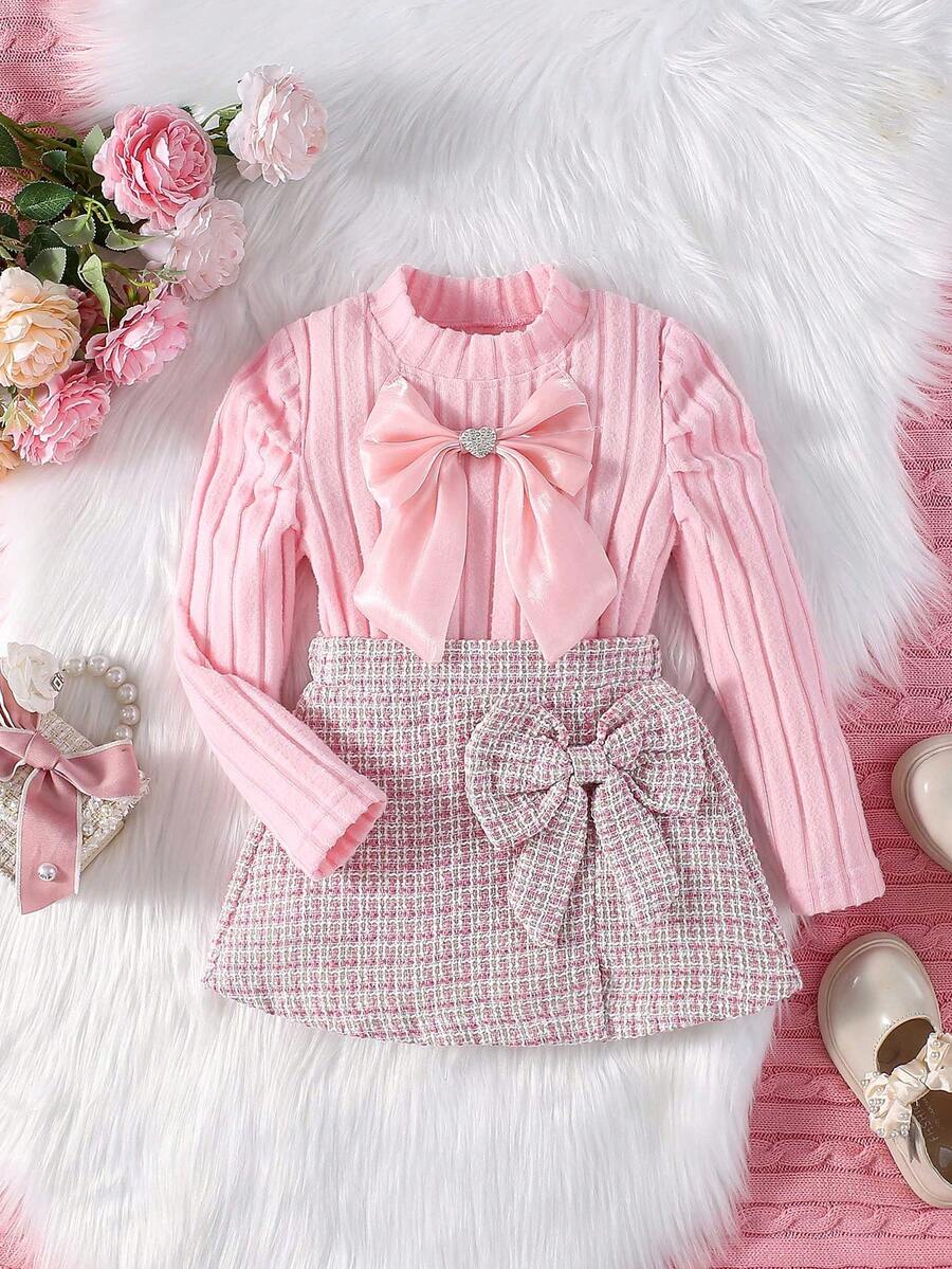 2pcs Set Jumper Sweater & Skirt, 3D Bowknot & Grid Mesh Skirt, Elegant & Comfortable - Pink - View 1