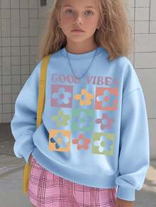Girls Light Blue Crew Neck Sweatshirt, GOOD VIBES & Colorful Checkered Flower Loose Pullover Top - Blue - View 9
