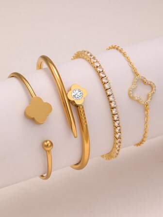 2pcs Stainless Steel Zirconia Flower Jewelry Bracelet Set, 18K Gold Plated Stainless Steel Lucky Four-Leaf Clover Bracelet, Micro-Inlaid Zirconia, Suitable For Women's Parties, Daily Wear, European And American Style, Personalized, Generous, Wedding Jewelry Set, Gift For Girls, Women, Relatives, Friends, Beautiful Wedding, Birthday, Valentine's Day, Mother, Mother's Day