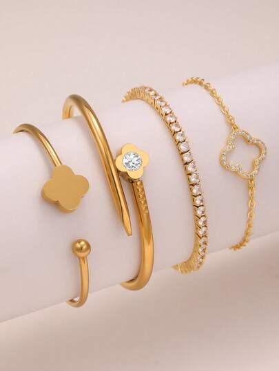 2 Stücke Edelstahl Zirkonia Blumen Schmuck Armband Set, 18 Karat vergoldetes Edelstahl Glücksklee Armband mit vierblättrigem Kleeblatt, mikro-eingelegter Zirkon, geeignet für Frauen Partys, Alltag, Europäischer und Amerikanischer Stil, personalisiert, großzügig, Hochzeitsschmuck Set
