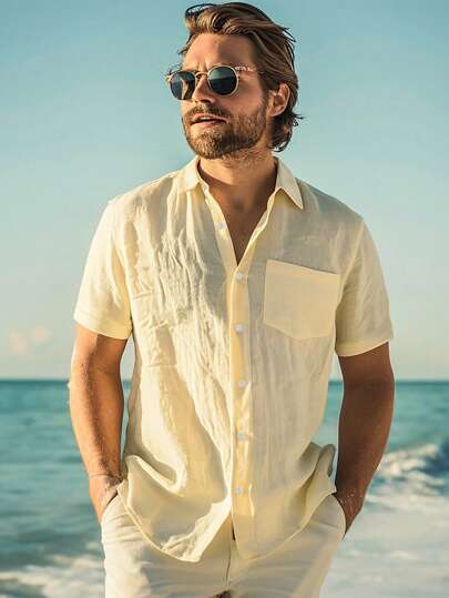 男士纯色休闲衬衫，户外时尚短袖衬衫外套，衬衫，时尚上衣，沙滩度假夏威夷衬衫