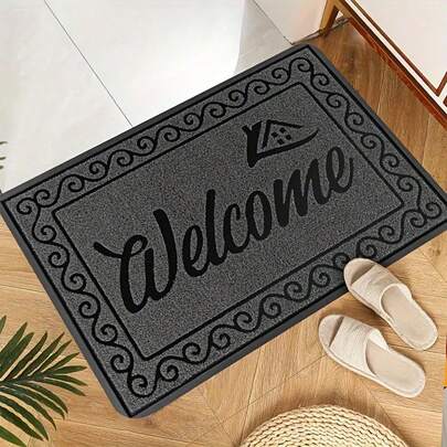 黑色“欢迎”标语图案门垫（1件装） - 可机洗，耐用涤纶材质，四季皆宜，适用于玄关、厨房、卧室 - 完美的乔迁礼物和日常家居装饰，欢迎垫，适用于前门、浴室、厨房