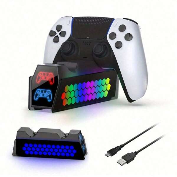Base de charge double pour manette de P/S5, chargeur sans fil compatible pour manette de PlayStation 5. Poignée avec lumière RGB ajustable