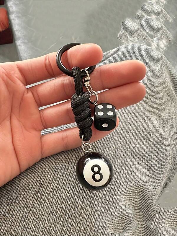 1 chaveiro masculino estilo bola 8 preto, com cordão trançado e anel de metal, chaveiro durável e moderno para chaves, acessórios, presente casual e estiloso, acessório para chaveiro, design divertido, porta-chaves resistente