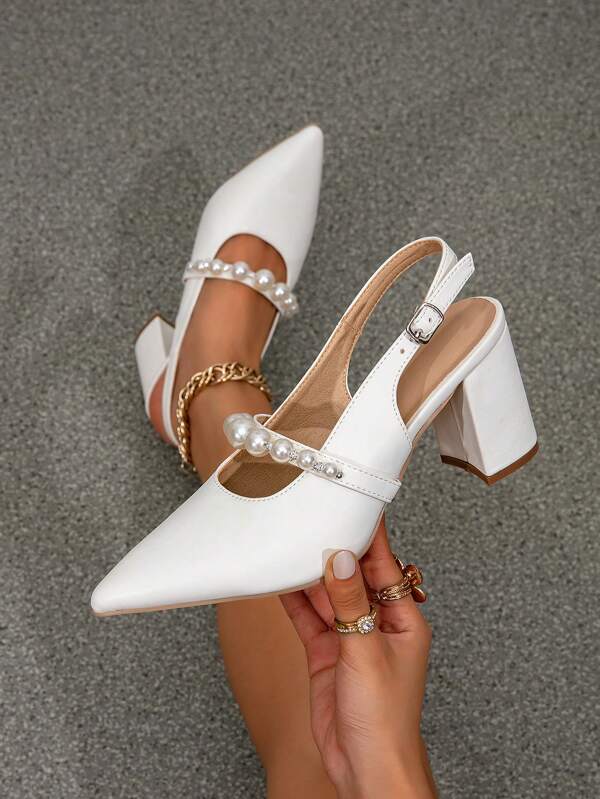 Women's Unique High Heel Sandals, Chunky Heel Design, Pointed Toe Pearl Decor White High Heels, Fashion Peep Toe Strap Sandals, Comfortable Commuting Slip-On Shoes
