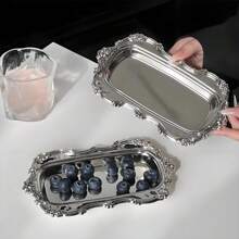 Bandeja vintage de acero inoxidable con plato postre con relieve, cara espejada, para almacenamiento de joyas y decoración del hogar - Plateado - Ver 1