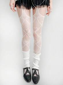 1 Pair, Sweet And Cool Heart-Shaped Garter Stockings, Heart Mesh Garter Stockings, Sexy White Fishnet Stockings, Hollow Over-The-Knee, One-Piece Pantyhose, Cute Leg Stockings, Festival Accessories, Music Festival, Couple Date Dress Up Leg Stockings