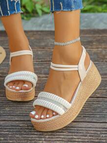 1 par de sandalias de plataforma con cuña y tiras elásticas con aplicación de cristales para adolescentes/niñas, de moda y versátiles