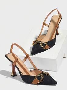 Women's Vintage Floral Design Chain Decor Pointed Toe Ankle Strap Thick High Heel Pumps, Elegant And Comfortable For Outdoor Daily, Commuting, Party, Festival Wear, Black And Brown Color, Spring/Summer/Autumn/Winter,Elegant - Black - View 6