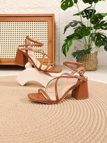 Women's Summer Sandals, Thick Heel High Heels, New Solid Color Bohemian Buckle Personalized Fairy Style Buckle Open Toe Shoes - Brown - View 7