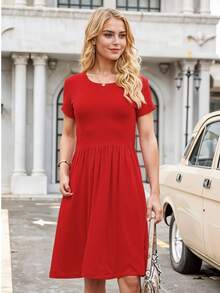 Vestido Corto de Cuello Redondo y Manga Corta en Unicolor Casual para Mujer - Rojo - Ver 3