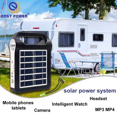 Banco de energía solar, sistema de generación de energía solar con linterna LED y paneles solares, recargable para teléfonos, perfecto para uso doméstico, al aire libre, patio, picnic y caravana