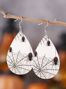 1 对哥特式蜘蛛网和豹纹泪珠吊坠耳环，万圣节 PU 双面派对耳环，万圣节耳环礼物