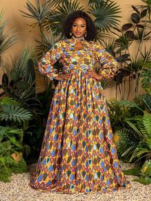 Faeriesty Plus Size Lantern Sleeve Dress | African Style Plus Size Stand Collar A-Line Dress | Women's Vacation, Beach, Park Picnic, Casual City Dress Spring Elegant - Yellow - View 4