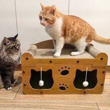 2 en 1 Casa y Rascador para Gatos, 1 Set de Cama de Madera con Rascador para Gatos, Cartón Resistente con Juguetes Colgantes, Cama Multifuncional para Gatos Adecuada para Múltiples Gatos con Zona de Descanso y Zona de Actividad, Estructura Resistente al Rayado, Fácil Montaje, Comodidad para Todas las Estaciones, Regalo Perfecto para Amantes de las Mascotas, Juguetes para Mascotas, Suministros para Mascotas