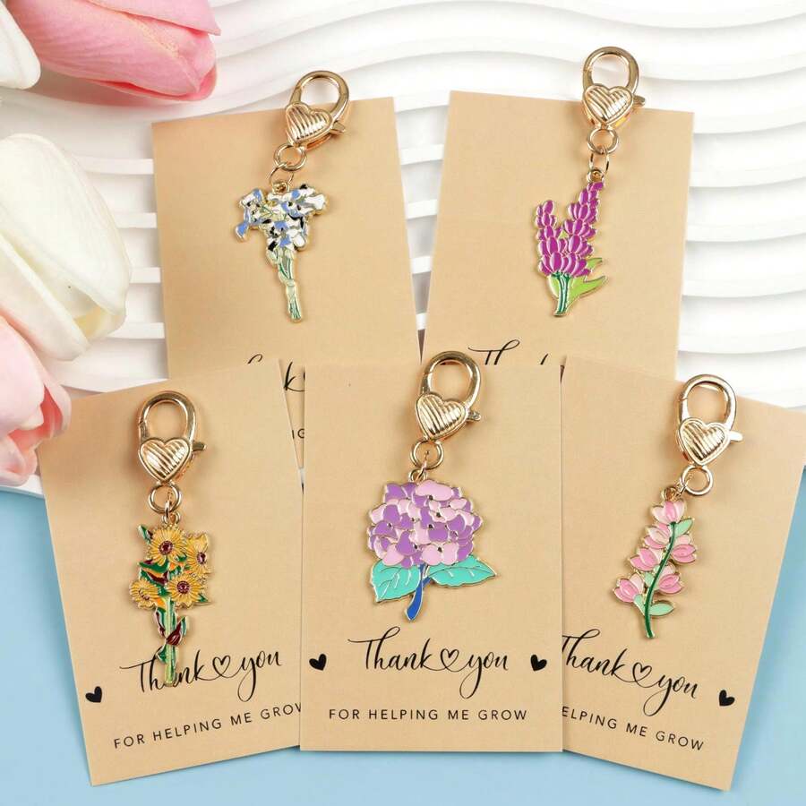 5 件可爱珐琅紫玫瑰花合金钥匙圈，感谢老师的礼物，波西米亚风钥匙链，适合女士女孩手提包配饰 DIY 珠宝最佳朋友礼物，甜蜜汽车配饰包包饰品 - 彩色 - 查看 1