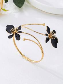 1 件铁合金黑珐琅花袖口手链，简约优雅的时尚配饰，适合母亲节、派对和日常佩戴 - 黑色 - 查看 4