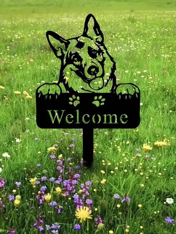 1pc Metalwork 'Welcome' Sign, Outdoor Garden Decoration With German Shepherd & French Bulldog Figurines