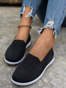 New Comfortable Lightweight Knit Mesh Slip-On Sneakers, Fashionable Flat Loafers - Black and White - View 2