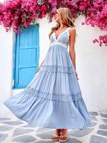 Vestido Largos Elegant Para Mujer,Vestido Tank Con Encaje Y Adornado Con Volantes,Vestido Unicolor Con Escote En V Profundo, Perfecto Para Vacaciones - Azul - Ver 3