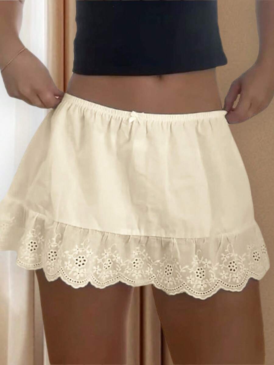 Women Eyelet Lace Trim Mini Skirt Low Rise Elastic Waist Summer Casual A Line Fairycore Y2k Short Skirts Underskirts - 黃色 - 查看 1