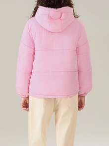 Women's Devil Horn Puffer Jacket Winter Warm Quilted Coat Long Sleeve Zip Up Outwear With Hood - 粉色 - 查看 2