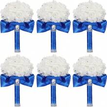 Jutom 6 Pack Wedding Bouquets Bride Roses Bridesmaid Bouquet Bridal Bouquet Flowers Wedding Hand Holding Bouquet With Soft Ribbons Engagement Bridal Shower Church Party (White) - Royal Blue - View 1