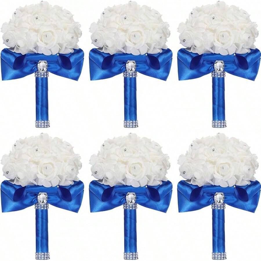 Jutom 6 Pack Wedding Bouquets Bride Roses Bridesmaid Bouquet Bridal Bouquet Flowers Wedding Hand Holding Bouquet With Soft Ribbons Engagement Bridal Shower Church Party (White) - Royal Blue - View 1