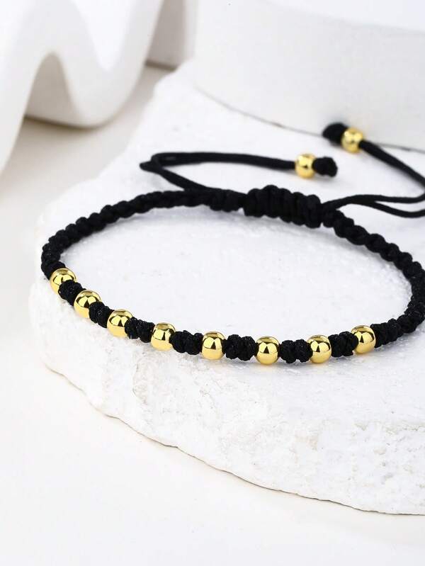 1pc Fashionable Chinese Knot Smooth Pearl Handmade Braided Rope Women Bracelet, Black