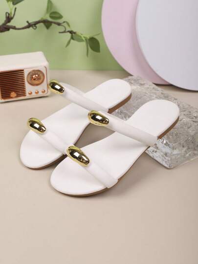 1 Pair Gold Decorative Girls Slip-On Flat Sandals, Lightweight And Comfortable For Summer, Suitable For Children Aged 3-15 For Home And Holiday Wear