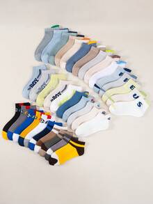 随机10双儿童袜子春夏季薄款网眼短袜男童袜刺绣汽车提花足球字母运动袜柔软透气舒适适合上学日常穿着 - 彩色 - 查看 3
