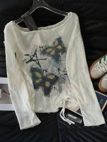 Y2K Sexy Off-Shoulder Long Sleeve T-Shirt For Women, Casual Loose Fit Personalized Graphic Tee, Suitable For Autumn/Winter, Christmas, Spring New Year