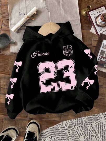 Girls Bow & Number Print Hooded Sweatshirt, Warm