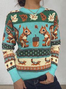 冬季时尚休闲女士圆领松鼠针织情侣套头衫 - 水鴨藍 - 查看 3