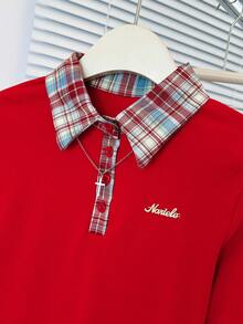 女士二合一格子马球领红色长袖拉绒修身打底上衣