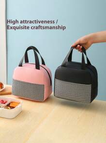 1pc Student Large Capacity Handheld Lunch Bag - Office Worker With Rice Insulation Bag - Portable PU Thousand Bird Grid Design, Thick Aluminum Foil, Easy To Carry, Keep Food Hot And Cold, Suitable For Outdoor Travel, Male And Female Styles, Non Contact With Food, Insulated Lunch Bag, Essential For Returning To School
